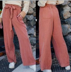New! Belted Wide Leg Paper Bag High Waist Rust Chambray Pants